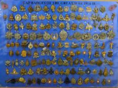 A LARGE COLOURED POSTER, 'Cap Badges of The Great War 1914-1918', which has had placed on it