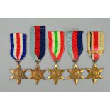 FIVE WWII STARS, to include 2 x 1939-45, Italy, Africa with 1st Army clasp, France and Germany