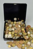A LACQUERED BOX OF 20 CENTURY COINAGE, with small amounts of silver