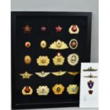 A GLAZED FRAME CONTAINING A NUMBER OF RUSSIAN/USSR MILITARY CAP BADGES, COLLAR DEVICES AND INSIGNIA,