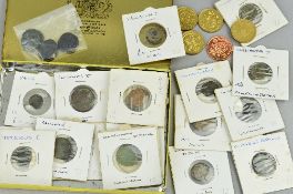 A TOBACCO TIN OF OVER TWENTY RESEARCHED AND WALLETED ROMAN COINS, together with five Trial coins and