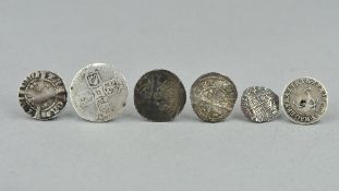A SMALL GROUP OF MAINLY HAMMERED SILVER COINS, three Edward 1st and 11 pennies, Elizabeth 1st penny,