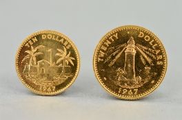 A GOLD TWENTY COIN AND A TEN DOLLAR COIN, .917 fine Bahama Islands 1967 (E/F) (2)