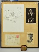 A GLAZED FRAME CONTAINING A LETTER FROM ADMIRAL SIR JOHN RUSHWORTH JELLICOE FROM HMS IRON DUKE 1916,