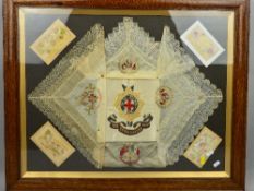 A LARGE GLAZED PERIOD WOODEN FRAME CONTAINING ORIGINAL SILK AND LACE HANDKERCHIEFS, together with