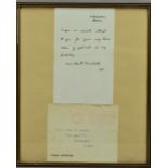 A GLAZED FRAME CONTAINING A SHORT LETTER, signed 'Winston S. Churchill' and envelope addressed to Mr