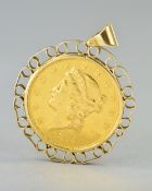 A GOLD TWENTY DOLLAR LIBERTY CORONET HEAD COIN 1894, mounted with a 9ct mount, total weight