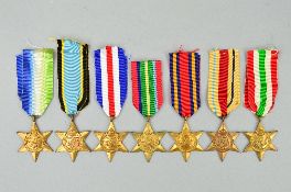 SEVEN WWII STARS, to include Africa, Italy, Air Crew Europe (believed to be a copy) Atlantic, Burma,