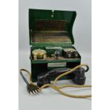A GREEN METAL BOXED AND HINGED CONTAINER, enclosed is a Field Telephone set 'D' MK5
