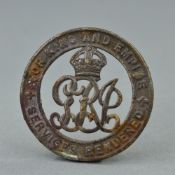 A WWI FOR KING & EMPIRE SERVICE RENDERED BADGE, pin missing, numbered 277710, records show issued to