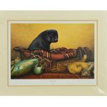 NIGEL HEMMING (BRITISH 1957) 'HOME ALONE', a limited edition print 96/495 of a black labrador puppy,