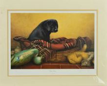 NIGEL HEMMING (BRITISH 1957) 'HOME ALONE', a limited edition print 96/495 of a black labrador puppy,
