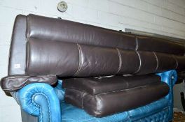 A BROWN LEATHER RECLINING LARGE TWO SEATER SOFA
