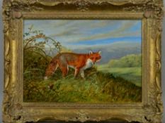 ELIZABETH M HALSTEAD (CONTEMPORARY) FOX EMERGING FROM BAMBLES IN A LANDSCAPE, small bird perched