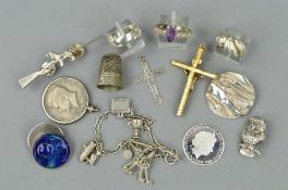 A MIXED LOT OF JEWELLERY, to include an Owl brooch with red gem set eyes, a charm bracelet with five