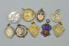 NINE SILVER MEDALLIONS, many sports related such as football or ballroom dance, most hallmarked