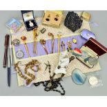 A SELECTION OF ITEMS, to include commemorative medals, rosary beads, pens, a decorative thimble, a