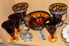 A SMALL GROUP OF STUDIO GLASS to include a tortoise shell pattern bowl and two vases in metal