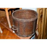 A 19TH CENTURY BUSHEL GRAIN MEASURE WOODEN AND IRON BOUND, with two carrying handles, stamped OXON