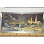 AN INDISTINCTLY SIGNED OIL ON BOARD PAINTING, Minster Pool and Lichfield Cathedral at night,
