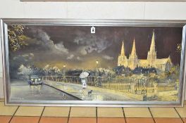 AN INDISTINCTLY SIGNED OIL ON BOARD PAINTING, Minster Pool and Lichfield Cathedral at night,