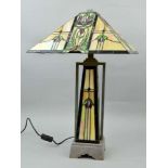 A LARGE TIFFANY STYLE TABLE LAMP, having a square canopy shaped shade, central illuminated column,