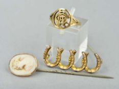 THREE ITEMS OF JEWELLERY, to include a late 19th Century 9ct cameo stickpin, an early 20th Century