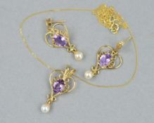 A MATCHING SET OF AMETHYST AND PEARL PENDANT NECKLACE AND EARRINGS, each featuring a central