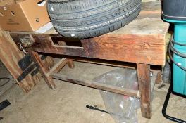 A VINTAGE 4FT 6' WOODEN WORK BENCH, with vice