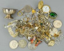 A QUANTITY OF MIXED COSTUME JEWELLERY, to include two sterling silver bracelets, three locket