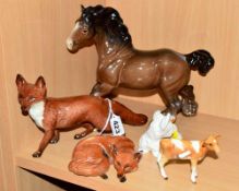 FIVE BESWICK ANIMALS, to include two foxes No 1016A and 1017 (ear reglued), cantering shire No