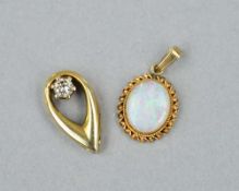 TWO 9CT GEM SET PENDANTS, the first an oval drop shape with single diamond in a claw setting,