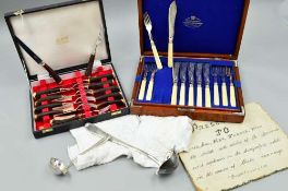 A CASED SET OF SIX GEORGE BUTLER HORN HANDLED STAINLESS STEEL STEAK KNIVES AND FORKS, a late