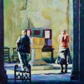 BEN DAVIES-JENKINS (BRITISH CONTEMPORARY), 'Two Worshipers Before A Triptych', an oil on board of