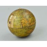 AN ASHWORTH'S COTTON HOLDER, of globe form with section paper transfer over two piece treen body (