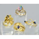 A MIXED GEMSTONE MODERN RING COLLECTION, to include a single stone pear shape sapphire rub over