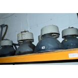 SIX INDUSTRIAL ENAMEL LIGHT SHADES, with electrical attachments, approximate diameter 38cm