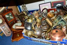THREE BOXES AND LOOSE SUNDRY ITEMS, to include a bottle jack, coaching lamps, brass and copper