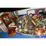 THREE BOXES AND LOOSE SUNDRY ITEMS, to include a bottle jack, coaching lamps, brass and copper