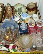 TWO BOXES AND LOOSE CERAMICS, GLASSWARES ETC, to include Capodimonte figure, cut glasses, light