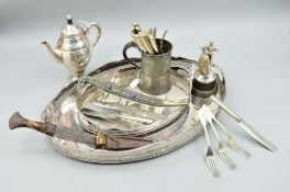 TWO OVAL SILVER PLATED GALLERIED TRAYS, pierced borders, together with a silver plated ballroom