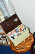 VARIOUS BOLTS OF CLOTH, sewing box and small musical table