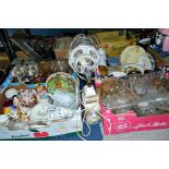 FOUR BOXES AND LOOSE CERAMICS, GLASS ETC, to include yard of ale, table lamps, glass shades,