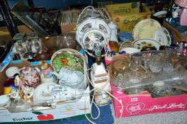FOUR BOXES AND LOOSE CERAMICS, GLASS ETC, to include yard of ale, table lamps, glass shades,