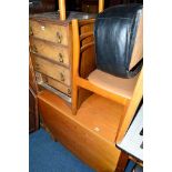 A TEAK DROP LEAF TABLE, four chairs, a nest of tables and two lamps (8)