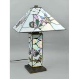 A TIFFANY STYLE TABLE LAMP, square canopy shade with square shaped illuminated column, decorated