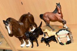 THREE BESWICK DOGS AND TWO HORSES, three labradors 'Solomon of Wendover' No 1548 and No 1956