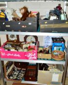 FOUR BOXES AND LOOSE SUNDRY ITEMS, to include telephones, lamps, cutlery, clocks, marbles etc