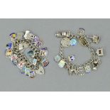 TWO CHARM BRACELETS, the first with some enamelled tourist charms and hinged charms to include a