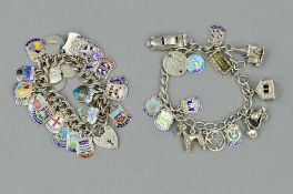 TWO CHARM BRACELETS, the first with some enamelled tourist charms and hinged charms to include a